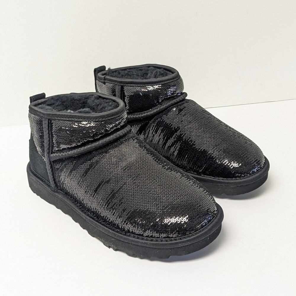 UGG Classic Ultra Mini Mirror Ball Boots, Black, Womens 6